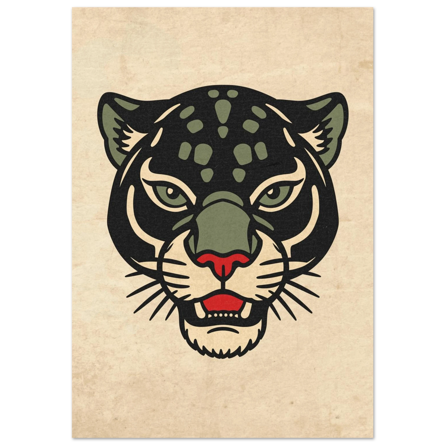 Svart panter i traditionell tatueringsstil mot beige vintagebakgrund – djurposter
