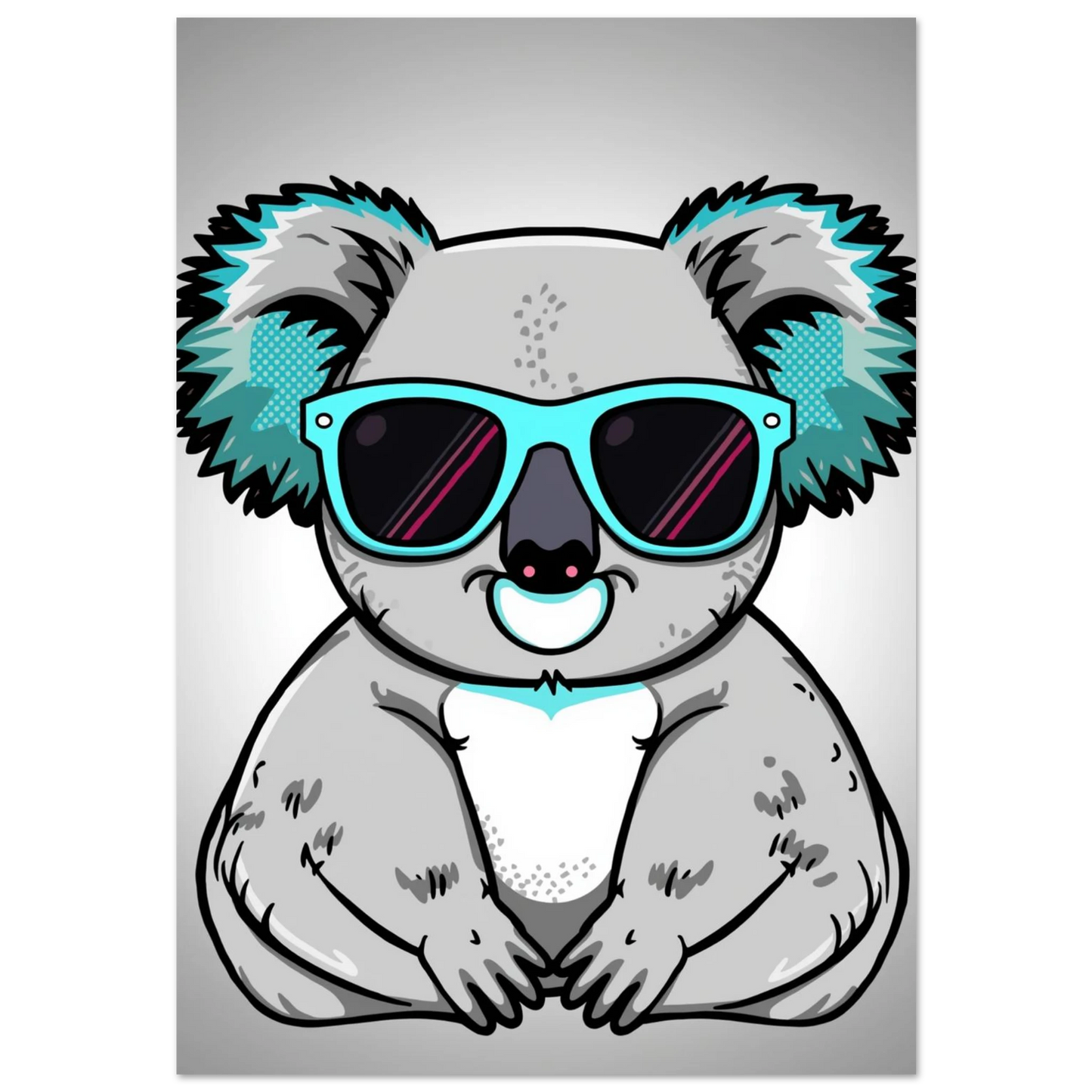 Grå koala i turkosa solglasögon, popkonst-illustration på ljusgrå bakgrund