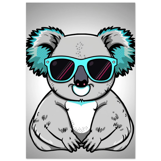 Grå koala i turkosa solglasögon, popkonst-illustration på ljusgrå bakgrund