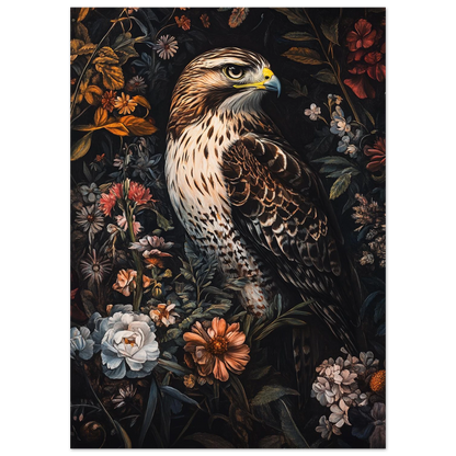 Brun rovfågel omgiven av botaniska detaljer i oljestil – falkmotiv