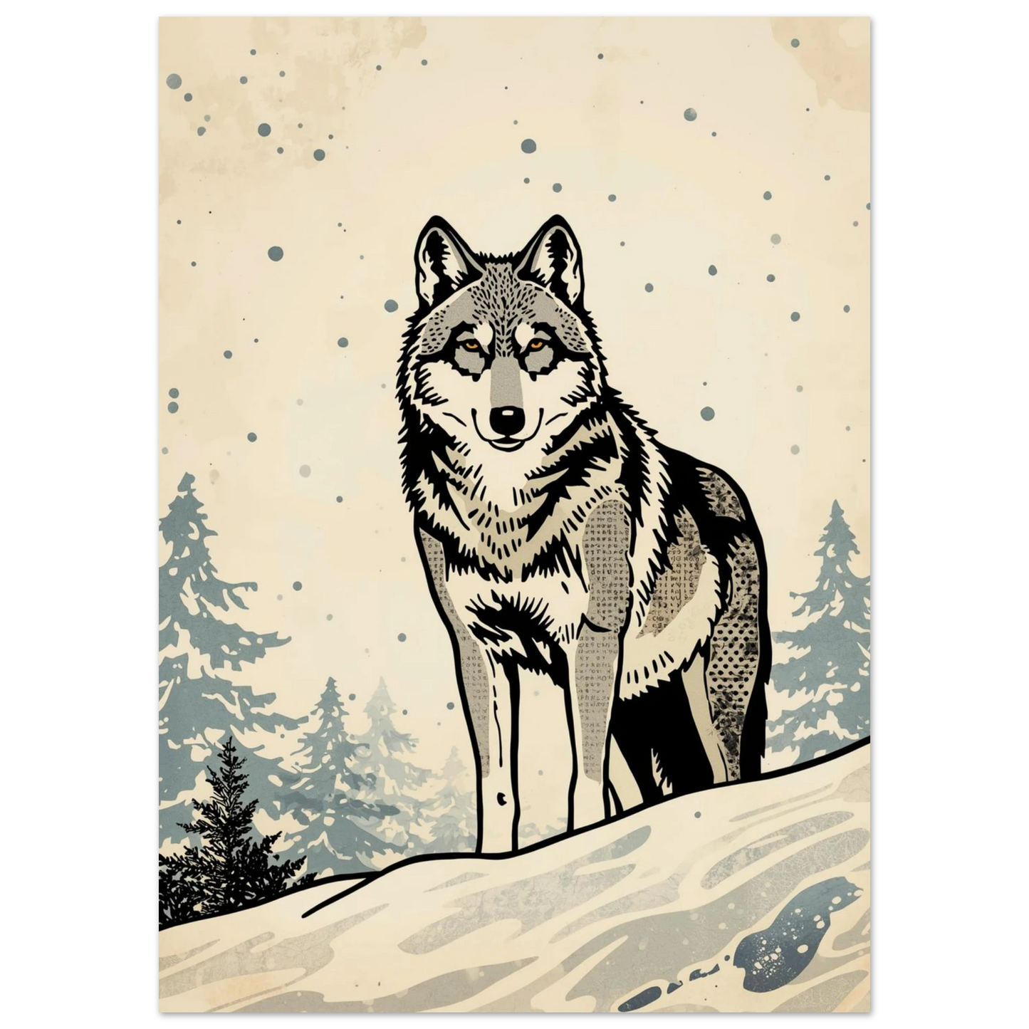 Grafisk illustration av en varg stående i ett vintrigt landskap