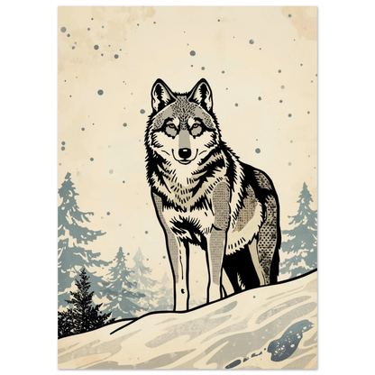 Grafisk illustration av en varg stående i ett vintrigt landskap