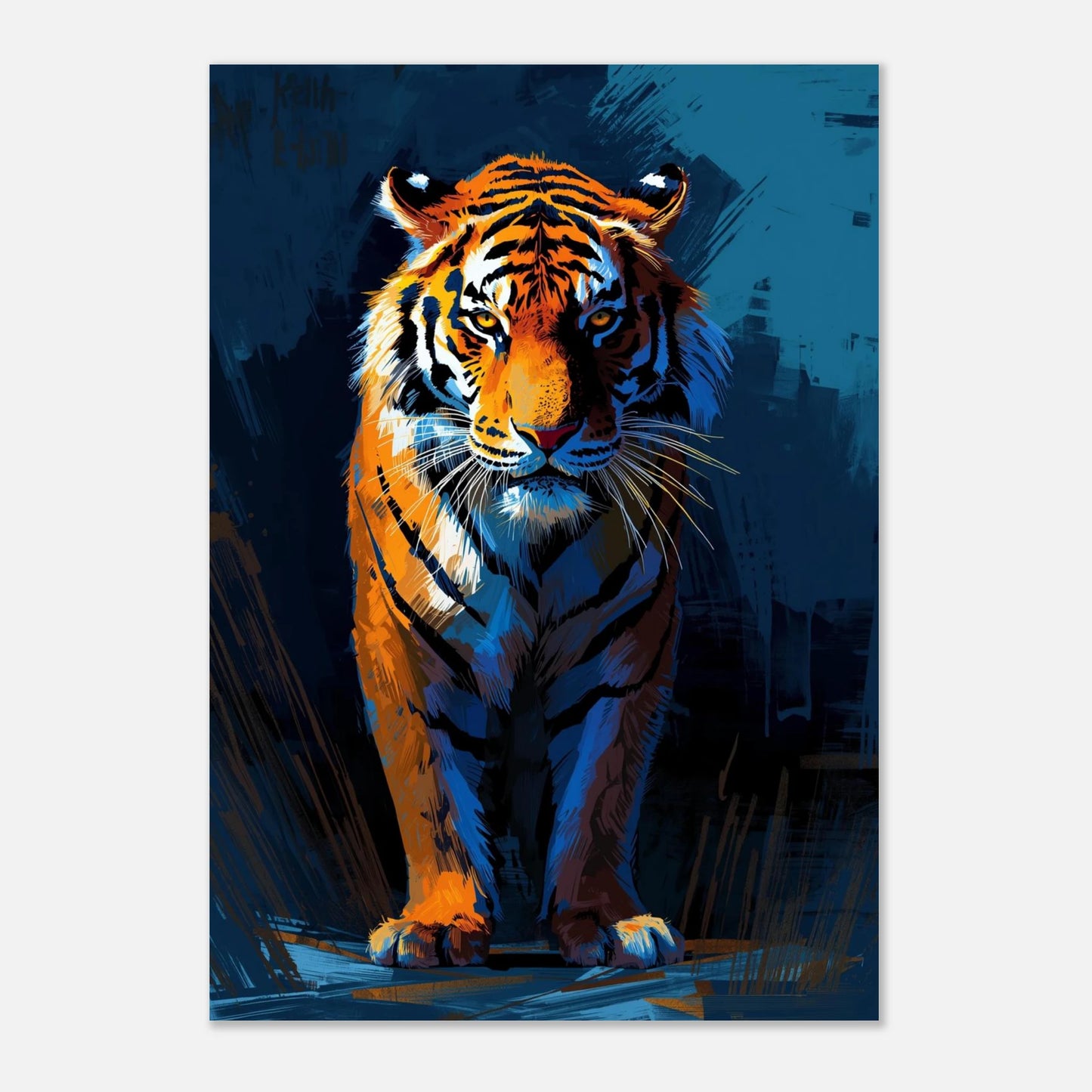 Modern djurposter med en tiger i kontrastrika komplementfärger på vit bakgrund