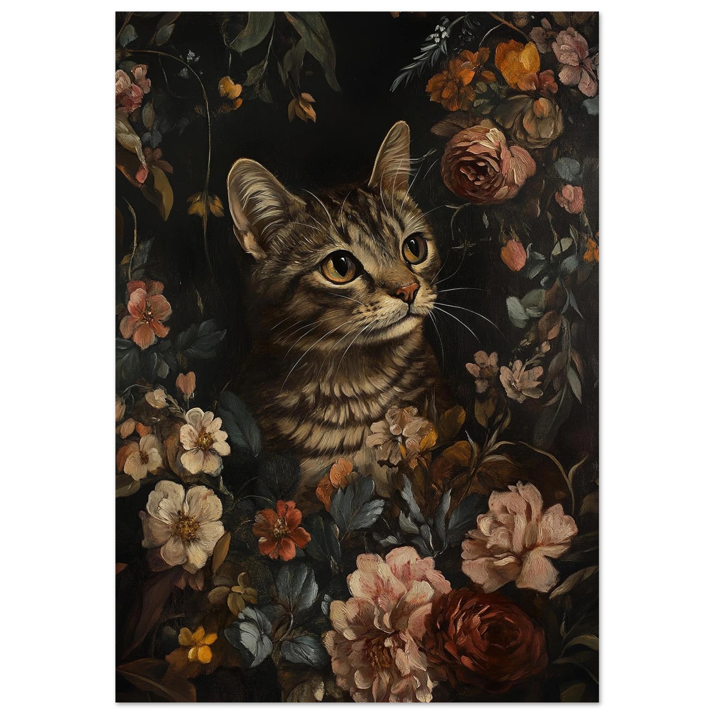 Brunspräcklig katt omgiven av mörka blommor i klassisk oljestil
