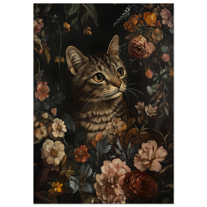 Brunspräcklig katt omgiven av mörka blommor i klassisk oljestil