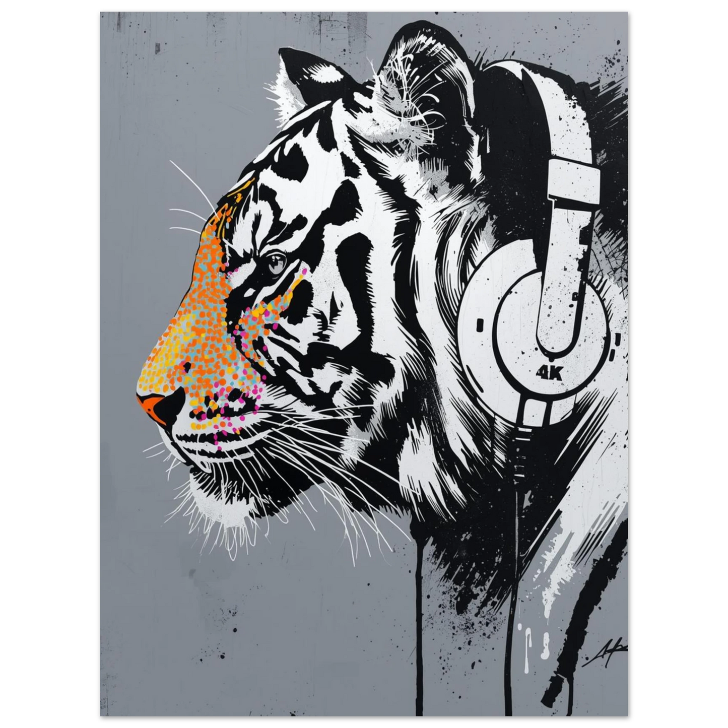 Trendig djurposter föreställande tiger med hörlurar och färgglada detaljer
