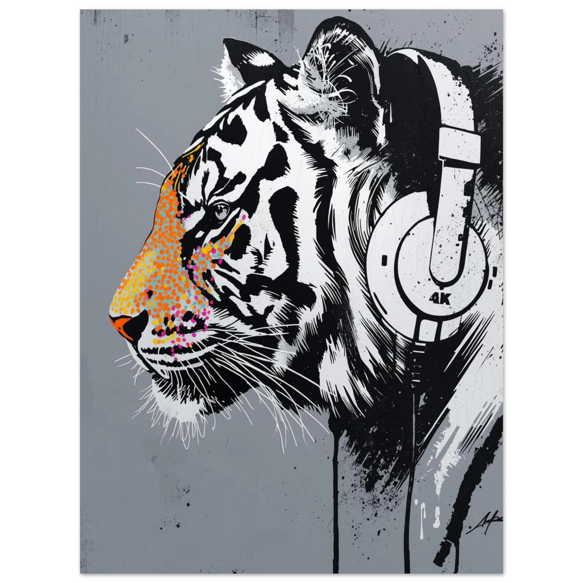 Trendig djurposter föreställande tiger med hörlurar och färgglada detaljer