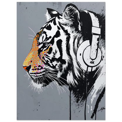 Trendig djurposter föreställande tiger med hörlurar och färgglada detaljer