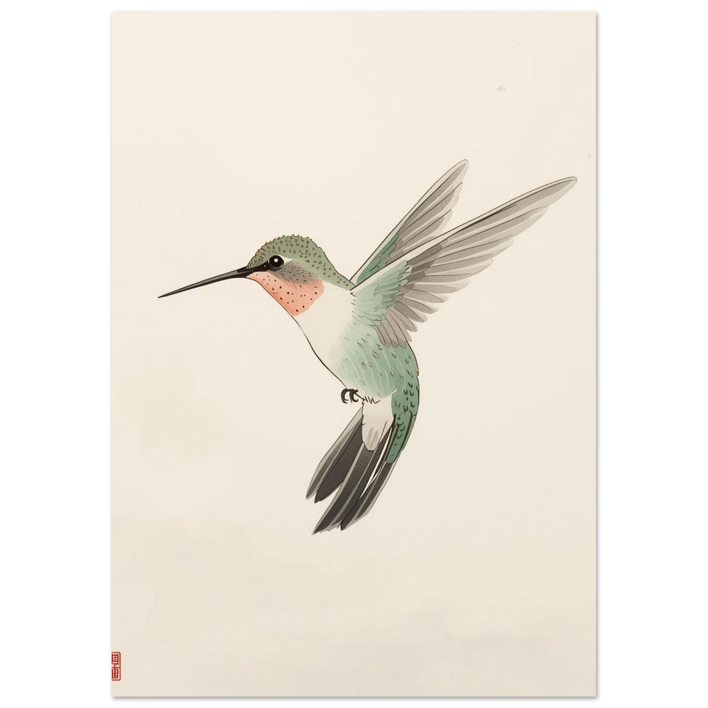 Detaljrik illustration av en kolibri med lång näbb mot ljusbeige bakgrund
