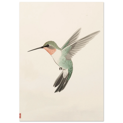 Detaljrik illustration av en kolibri med lång näbb mot ljusbeige bakgrund