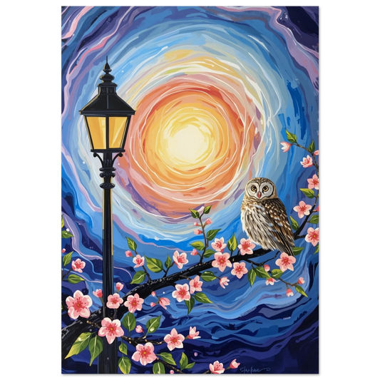 Uggla på blommande gren med en intensivt gul-orange cirkelformad himmel