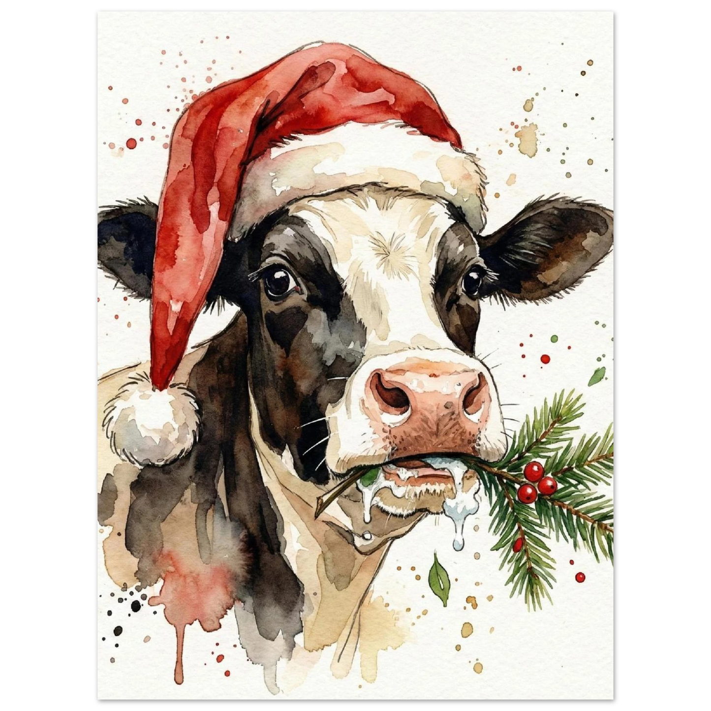 Lantlig djurposter föreställande en ko som firar jul, mjuk akvarellstil