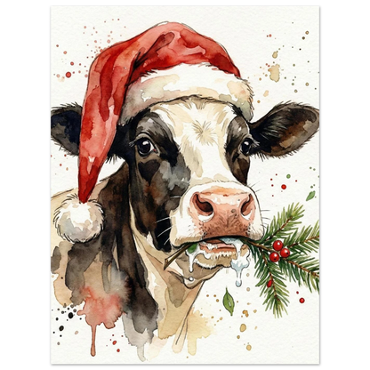 Lantlig djurposter föreställande en ko som firar jul, mjuk akvarellstil
