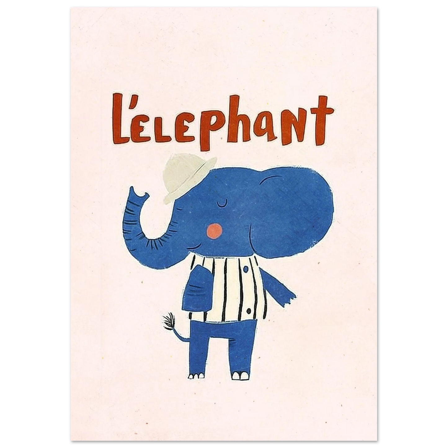 Fransk-inspirerad djurposter med blå elefant och texten L'elephant