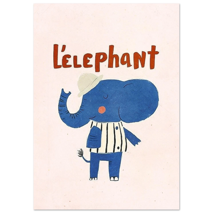 Fransk-inspirerad djurposter med blå elefant och texten L'elephant