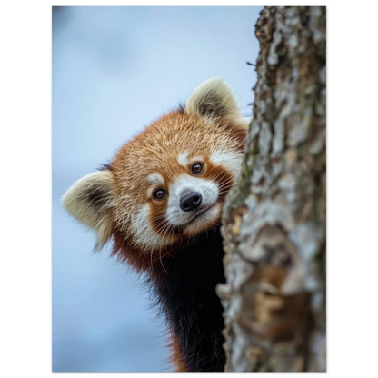 Lekfull röd panda som gömmer sig bakom ett träd – fotokonst