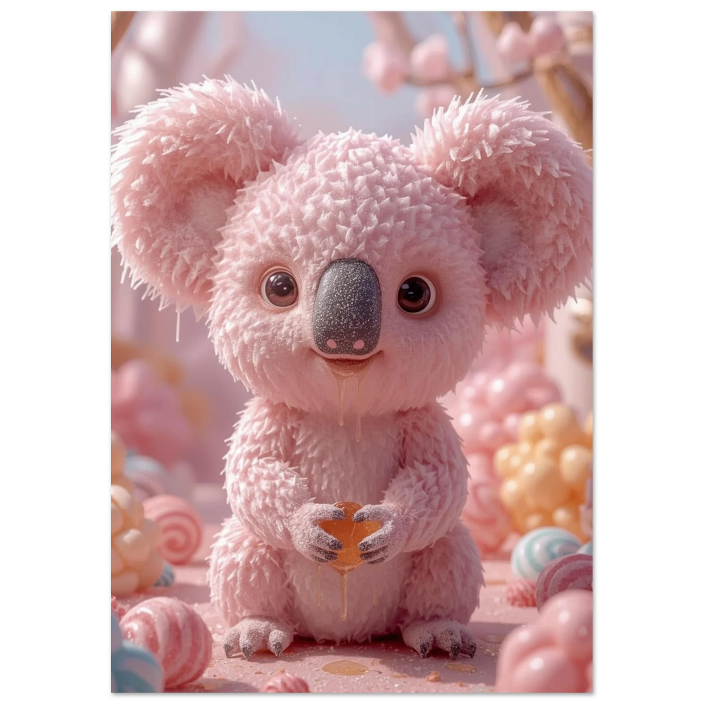 Fluffig rosa koala med stora ögon i en drömlik miljö – barnrumsposter