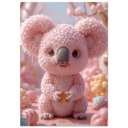 Fluffig rosa koala med stora ögon i en drömlik miljö – barnrumsposter