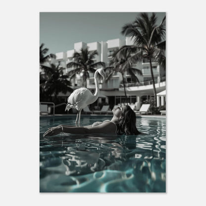 Stilren poster av flamingo vid poolkant, svartvit med turkosa inslag