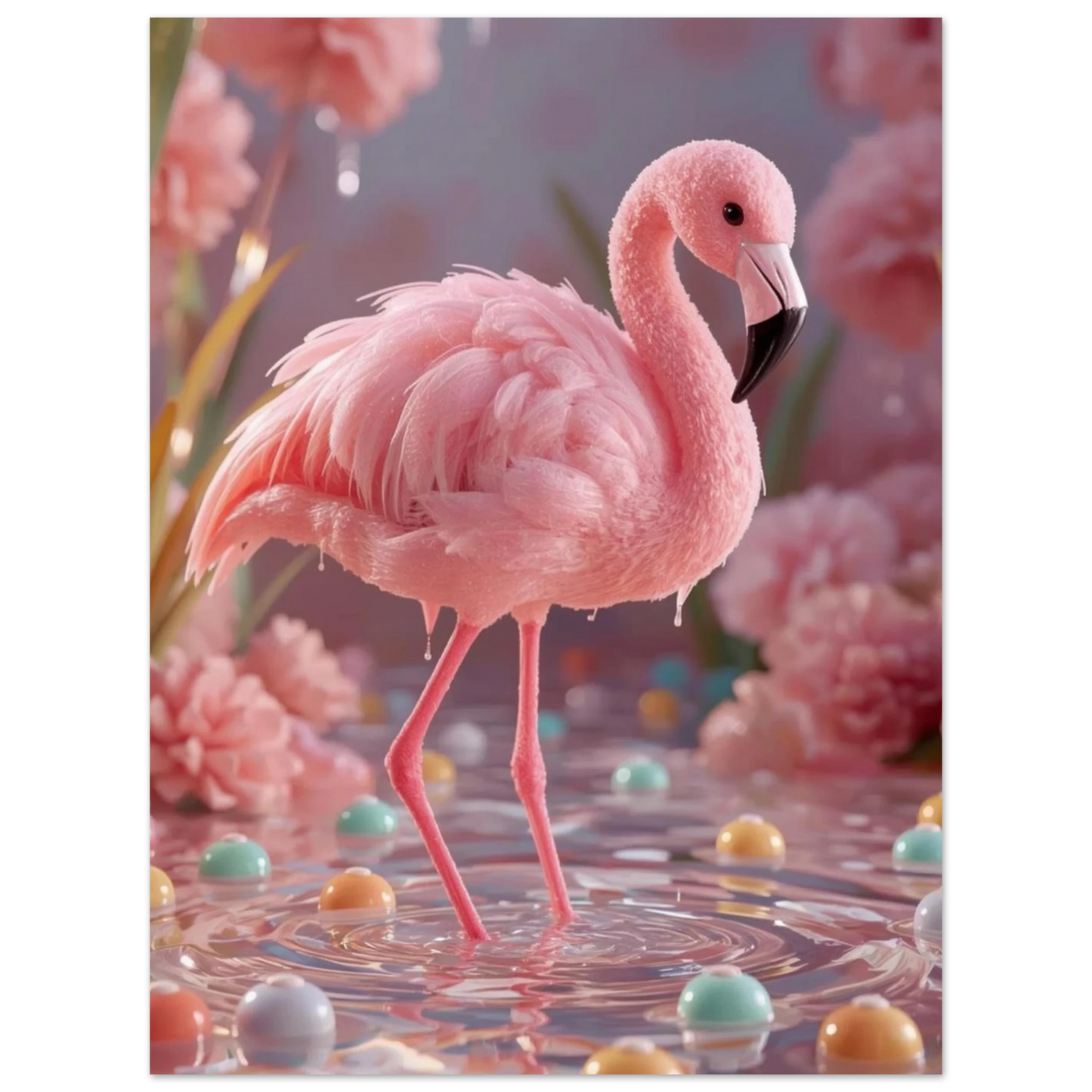 Fantasifull djurposter med en rosa flamingo omgiven av mjuka pastellblommor