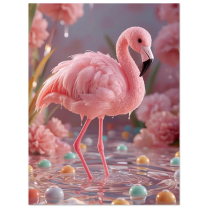 Fantasifull djurposter med en rosa flamingo omgiven av mjuka pastellblommor