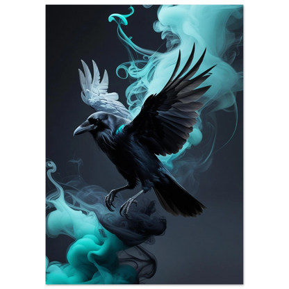 Digital illustration av en korp i virvlande turkos rök – väggkonst