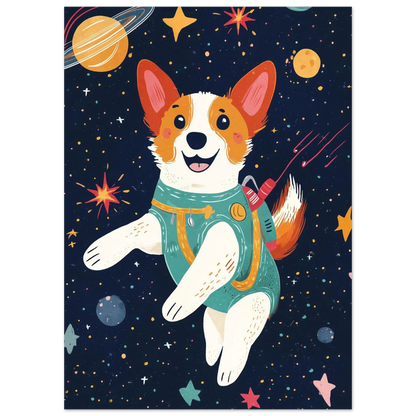 Lekfull hund i turkos astronautdräkt mot mörk stjärnhimmel – barnposter