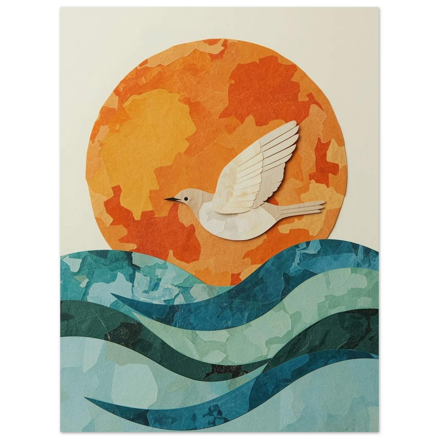 Minimalistisk fågel och sol ovanför vågor i collage-stil – Tecknad poster