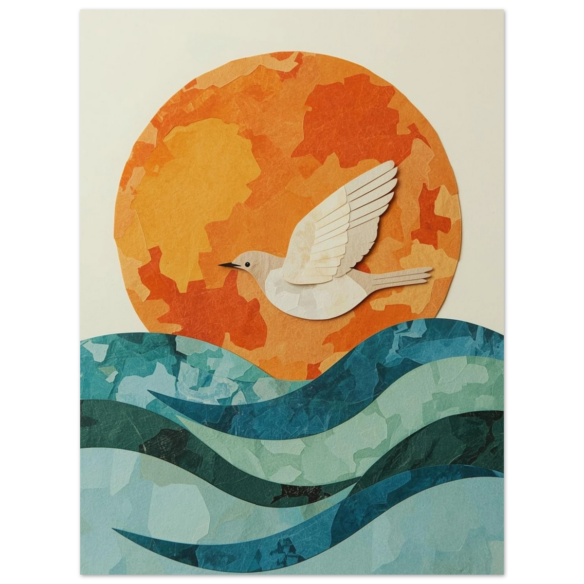 Minimalistisk fågel och sol ovanför vågor i collage-stil – Tecknad poster