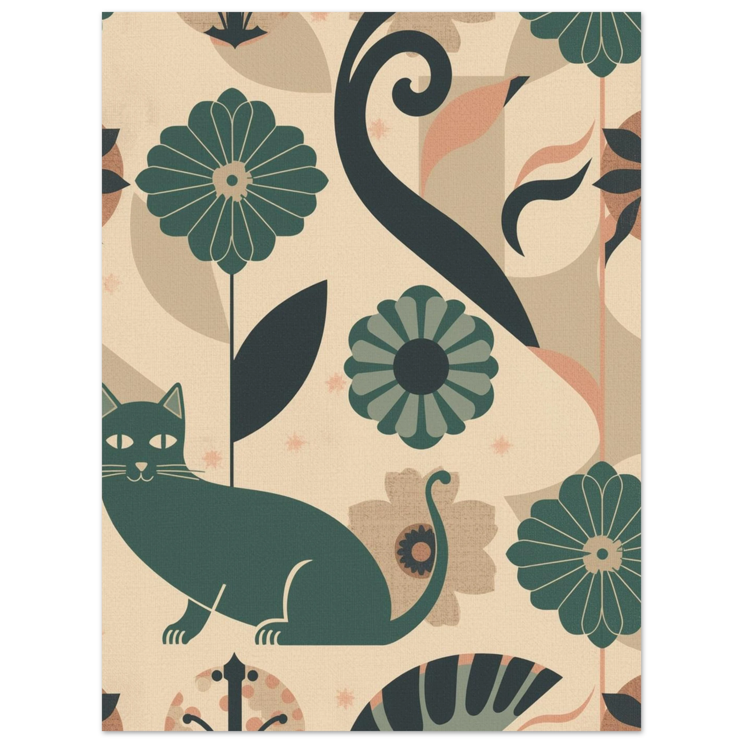 Art deco-inspirerad tavla med en sittande katt och abstrakta växter