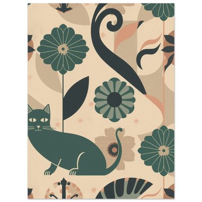 Art deco-inspirerad tavla med en sittande katt och abstrakta växter