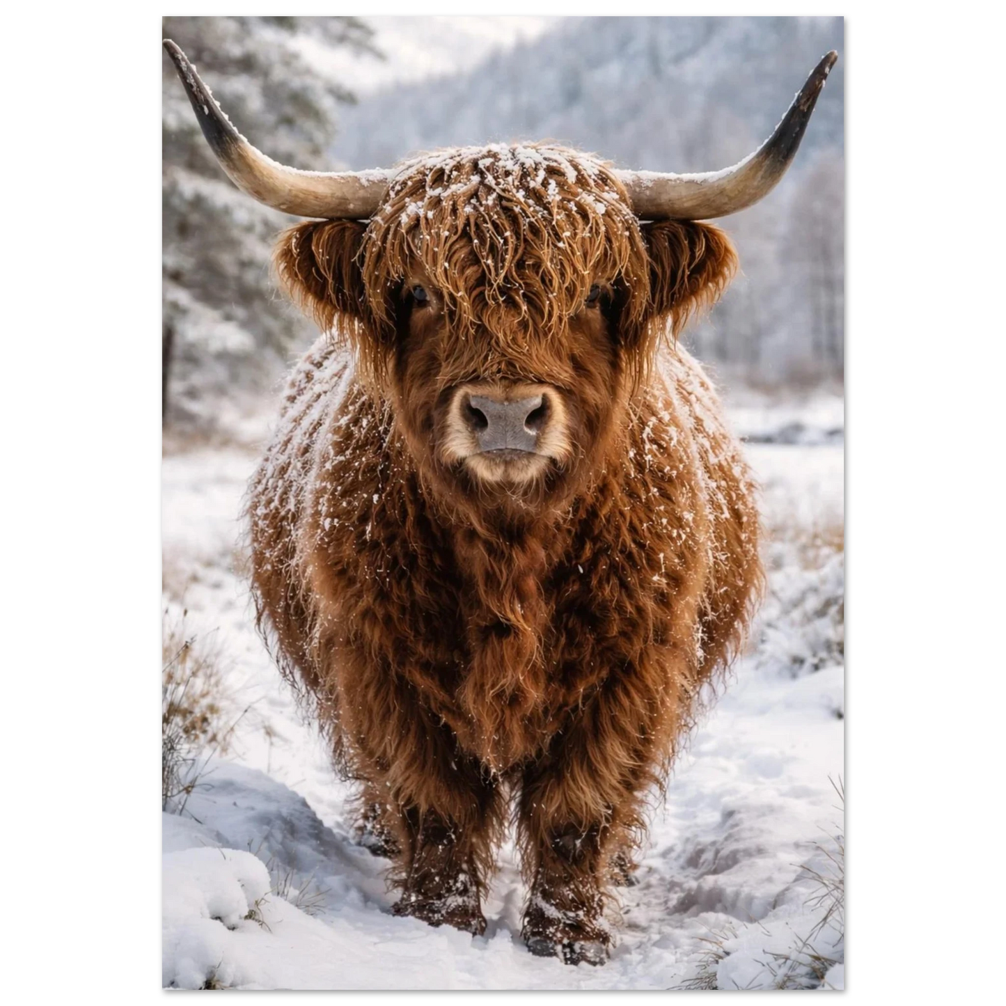 Highland Cattle ko med snö i pälsen framifrån – Fotorealistisk poster