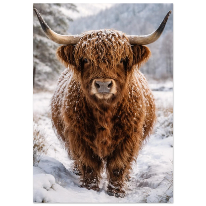Highland Cattle ko med snö i pälsen framifrån – Fotorealistisk poster