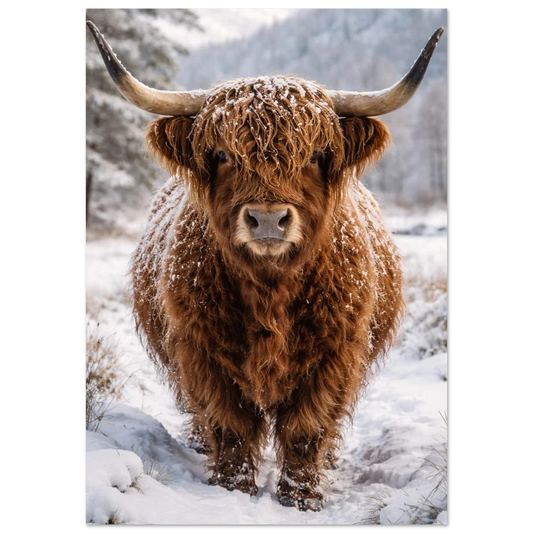 Highland Cattle ko med snö i pälsen framifrån – Fotorealistisk poster