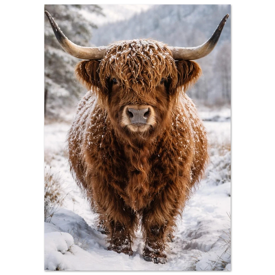 Highland Cattle ko med snö i pälsen framifrån – Fotorealistisk poster