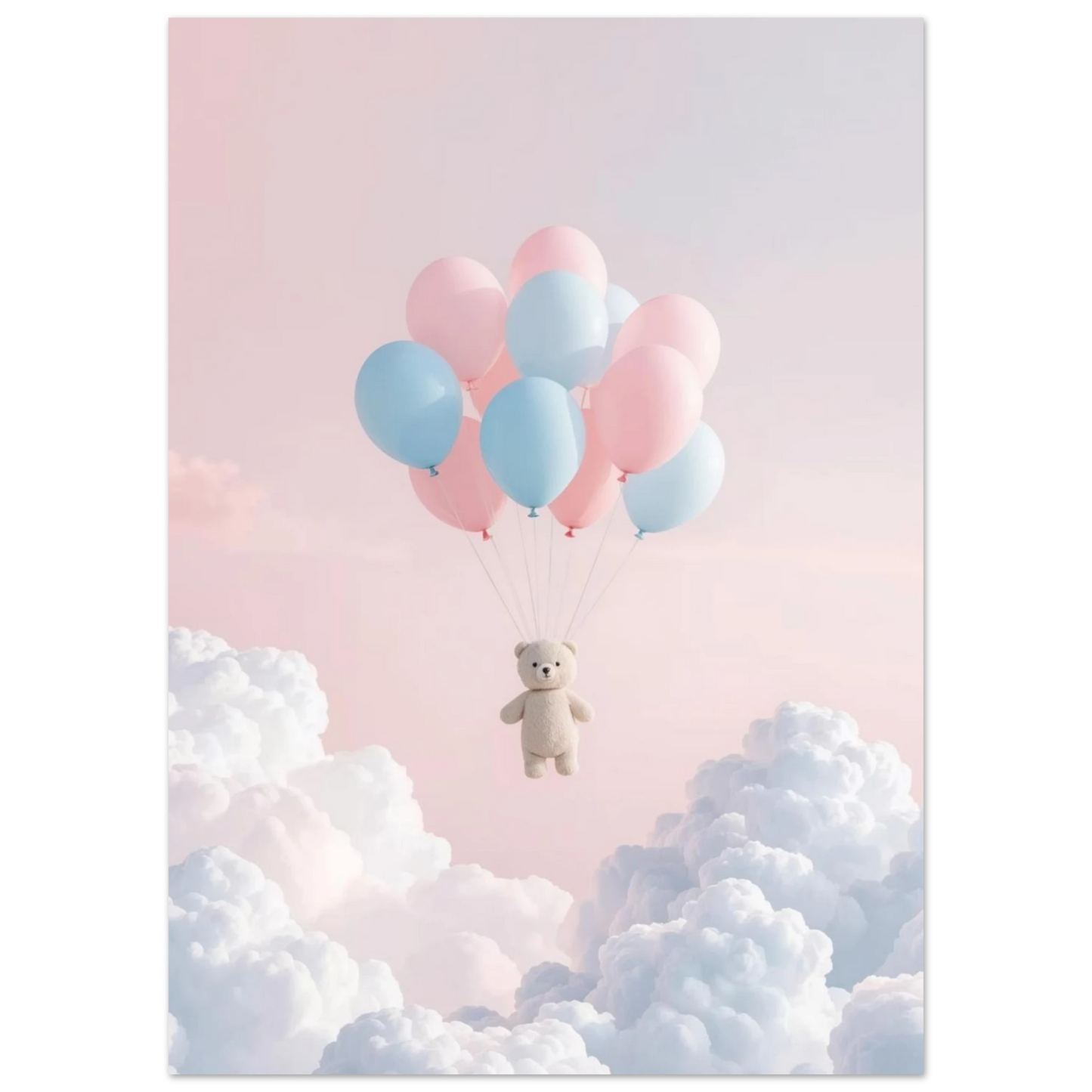 Söt björnfigur i luften med pastellfärgade ballonger mot en rosa himmel
