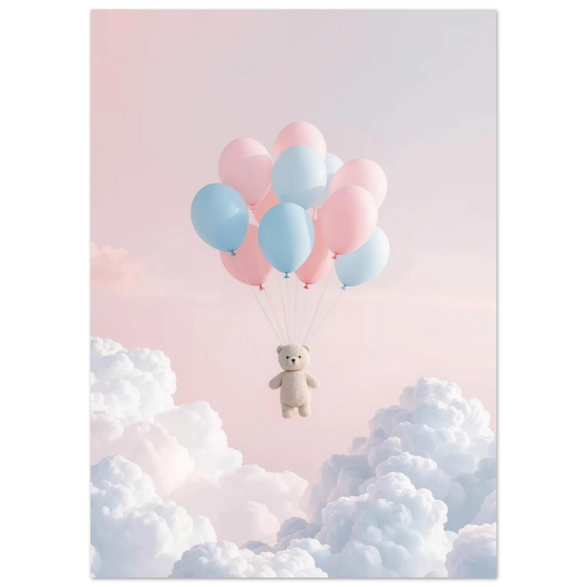 Söt björnfigur i luften med pastellfärgade ballonger mot en rosa himmel