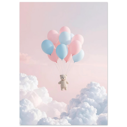 Söt björnfigur i luften med pastellfärgade ballonger mot en rosa himmel