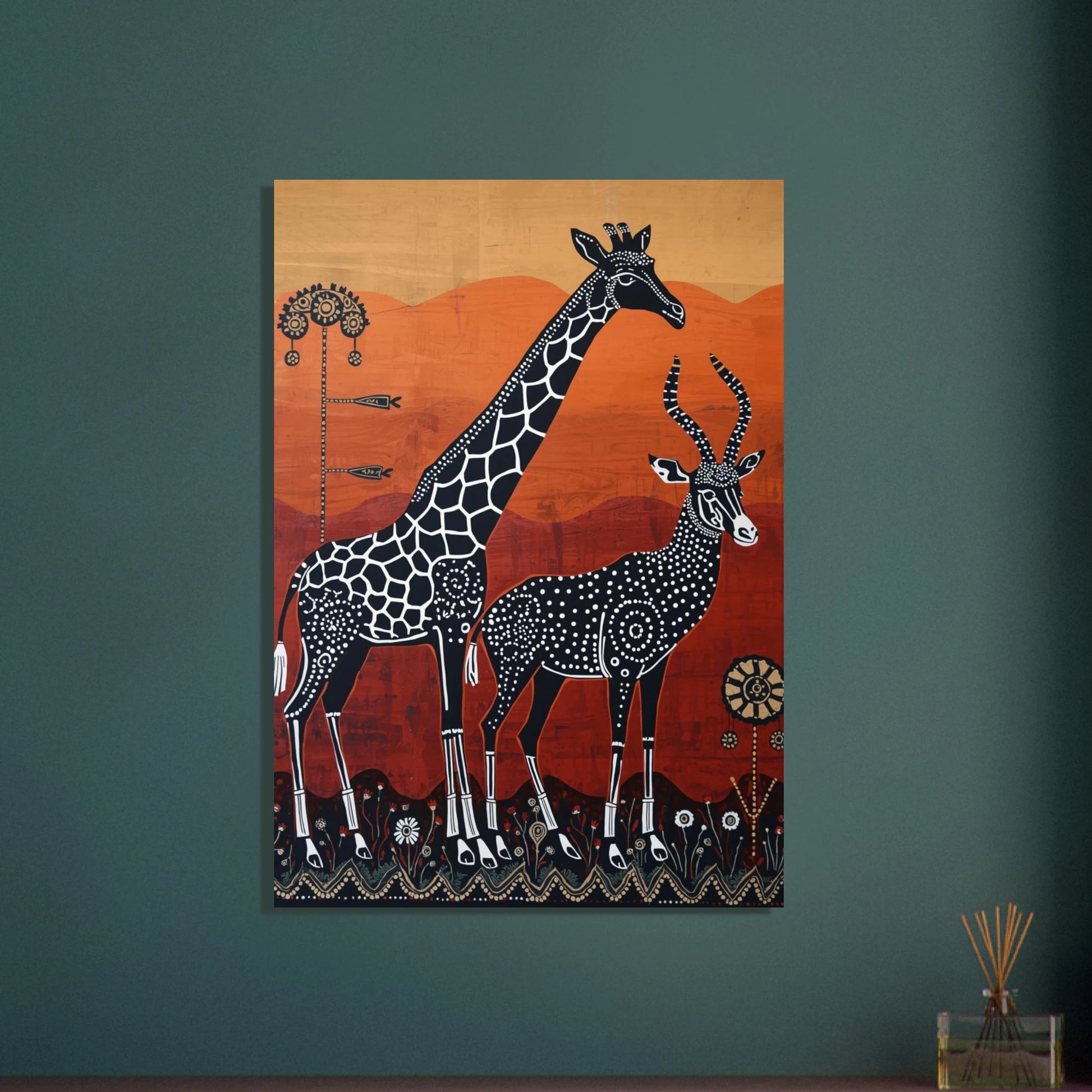 Afrikanskt inspirerat djurmotiv med giraff och antilop i tribal stil