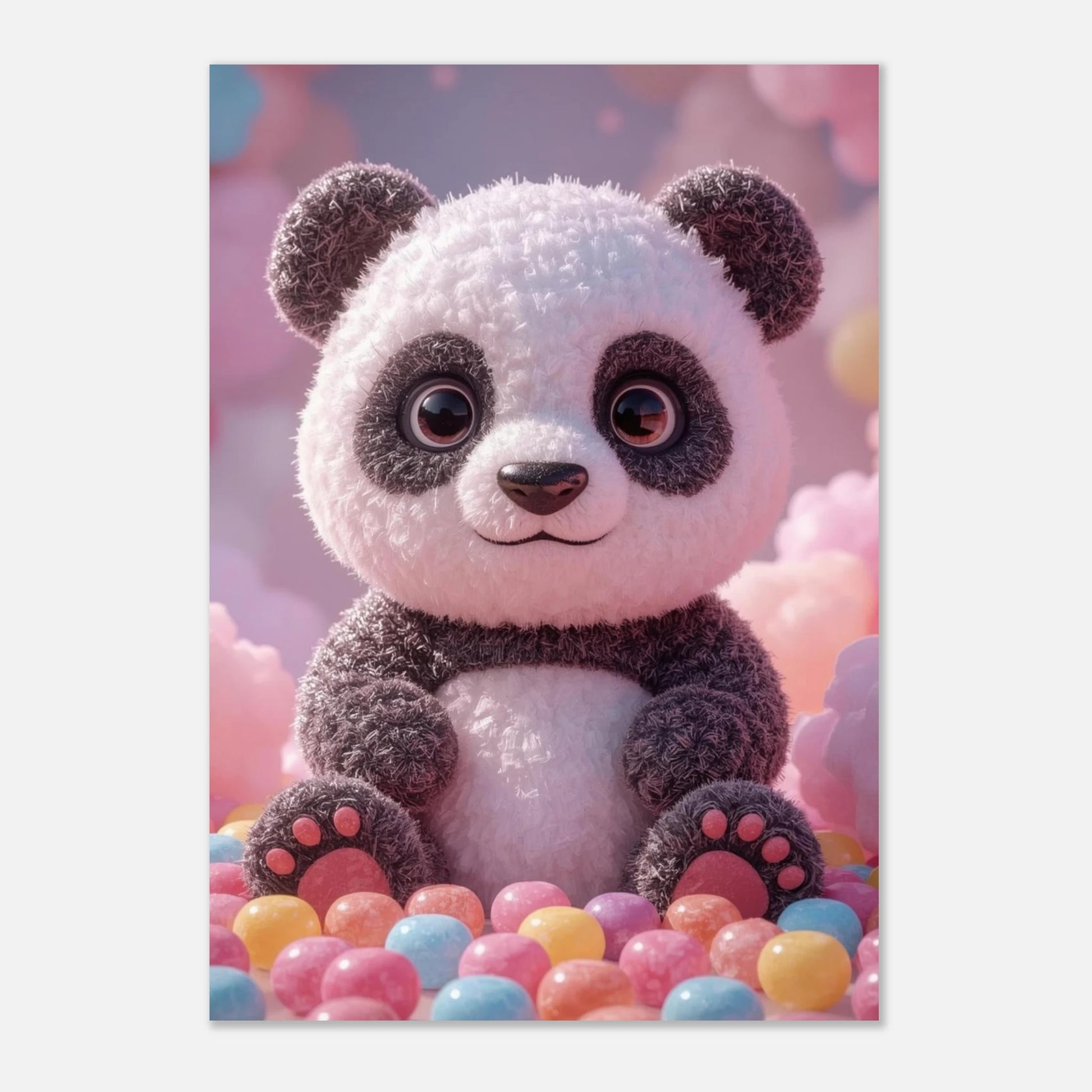 Väggkonst för barnrum föreställande en charmig panda i pastellfärgad miljö