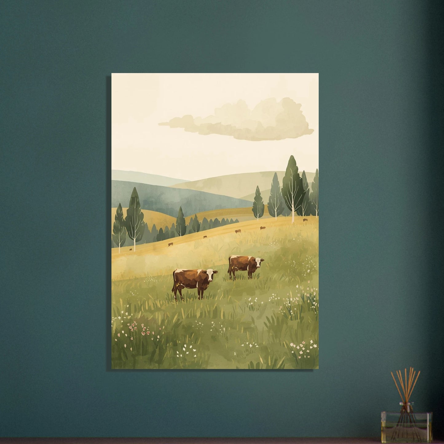 Kor på grönskande äng, vintage svensk landsbygd illustration