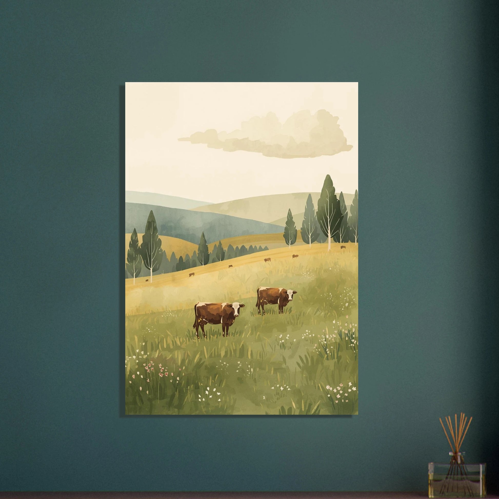 Kor på grönskande äng, vintage svensk landsbygd illustration