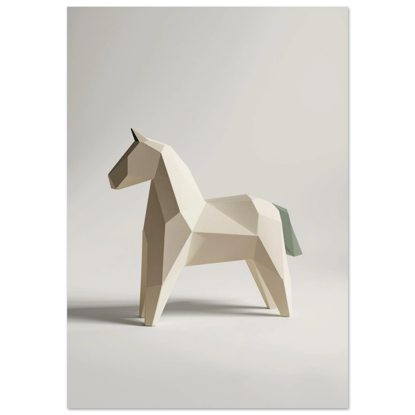 Geometrisk dalahäst i ljusbeige 3D-stil med grön stjärt mot vit bakgrund