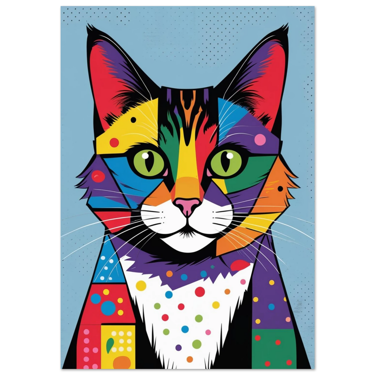 Färgglad kattposter i patchwork-stil med geometriska mönster och gröna ögon