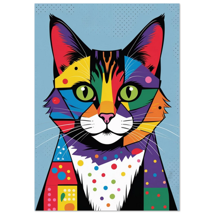 Färgglad kattposter i patchwork-stil med geometriska mönster och gröna ögon