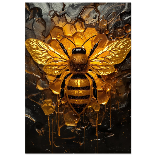 Gyllene bi i impasto-teknik med svarta detaljer och honungsdroppar
