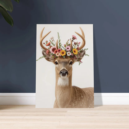 Majestätisk hjort med vildblommor på hornen, lugn och naturlig stämning.