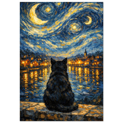 En stjärnklar natt med gula månar och en silhuett av en katt – Målad Poster