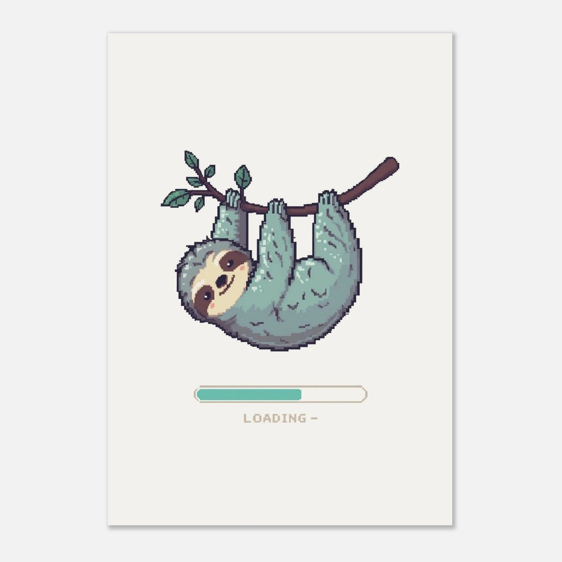 Lekfull djurposter med en sengångare och laddningssymbol i pixelstil