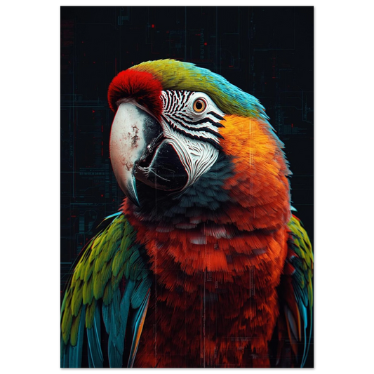 Närbild på en färgstark ara i profil mot mörk teknisk bakgrund – Fotorealistisk poster